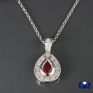 0.96 Carat Ruby & Diamond Pendant Necklace 14K White Gold W/Chain