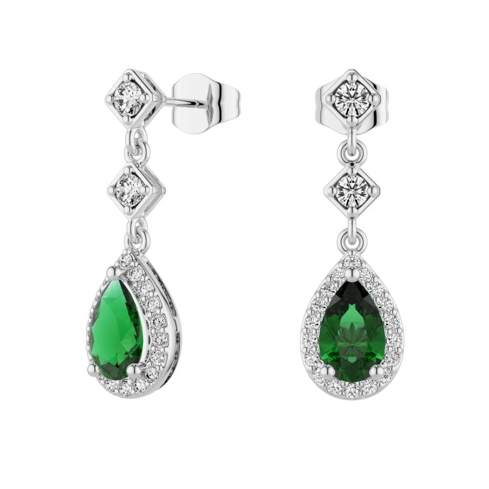 1.24 CT. Pear Emerald Drop Earrings with Pavé Halo