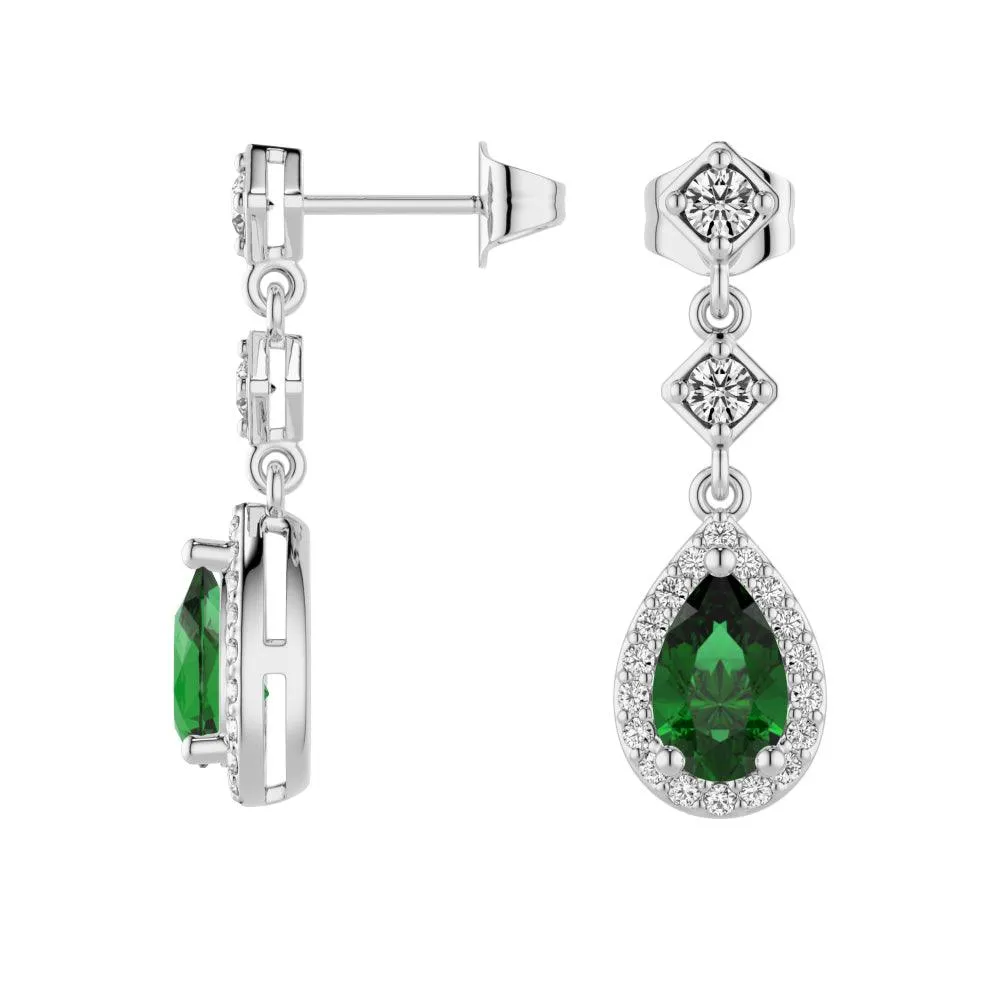 1.24 CT. Pear Emerald Drop Earrings with Pavé Halo