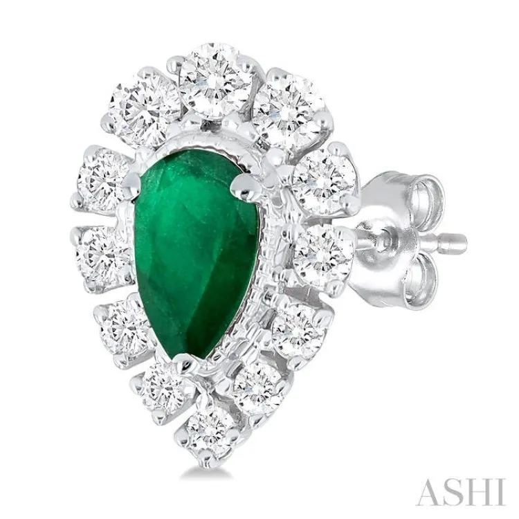 1/3 ctw Pear Cut 5X3MM Emerald and Round Cut Diamond Precious Stud Earring in 14K White Gold