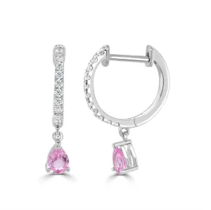 14K Gold Diamond & Pink Sapphire Huggie Dangle Earrings