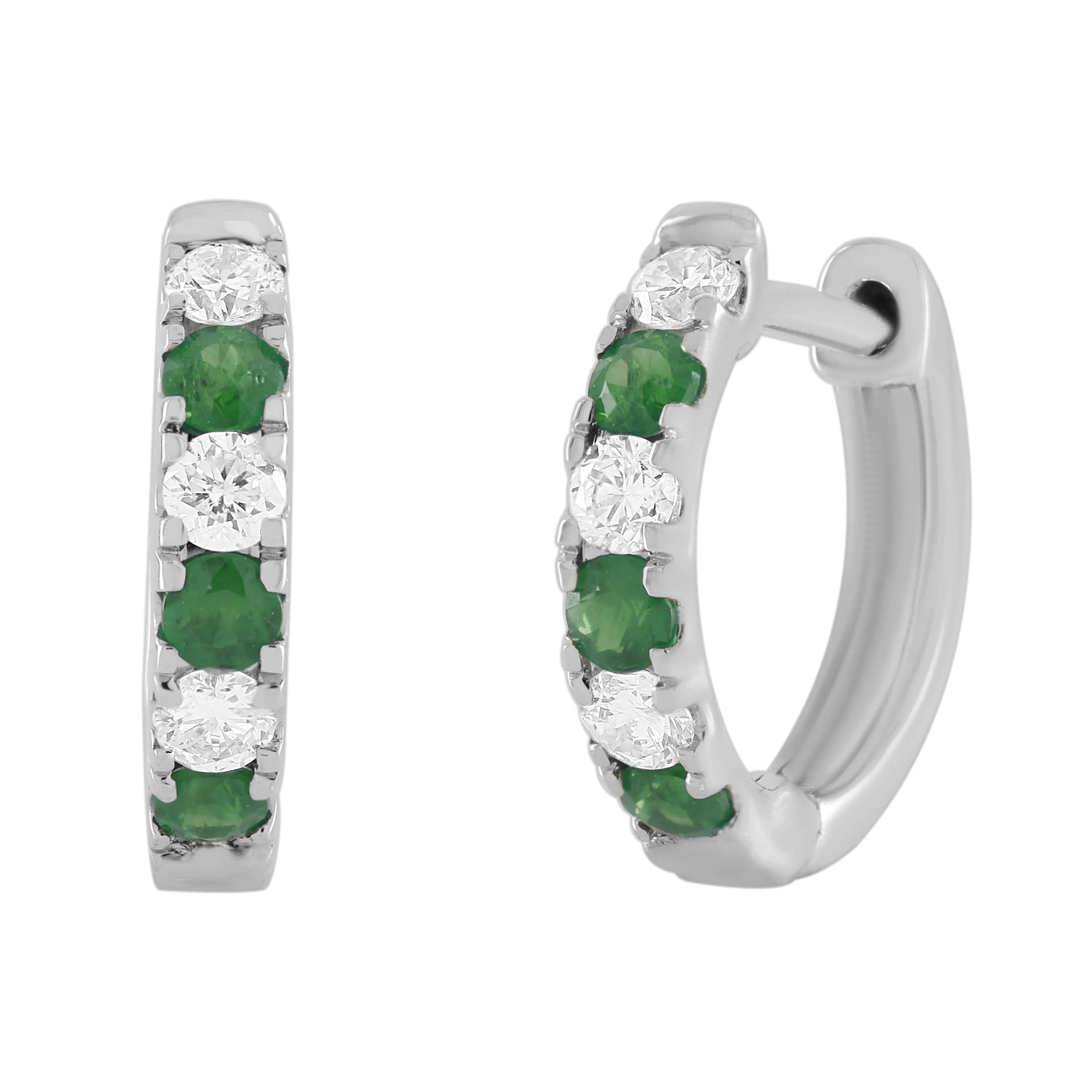 14K Gold Emerald & Diamond Alternating Huggie Earrings - 0.24ct