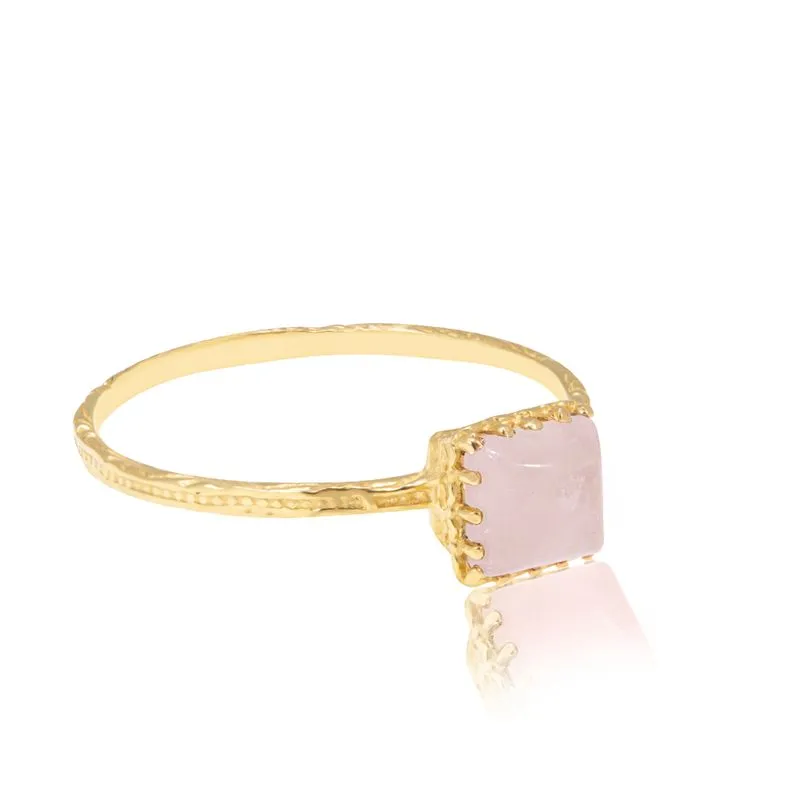 14K Gold Ring Square Inlaid With Pink Rose Quartz