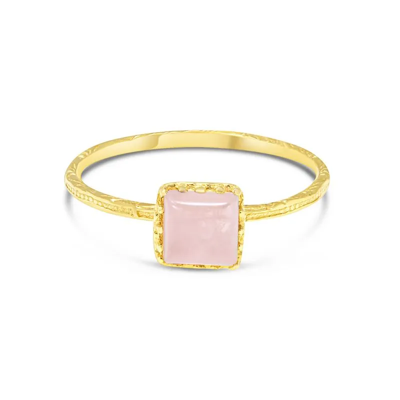 14K Gold Ring Square Inlaid With Pink Rose Quartz