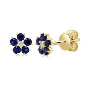 14K Gold Sapphire & Diamond Flower Stud Earrings