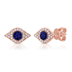 14K Rose Gold Diamond   Blue Sapphire Evil Eye Earrings