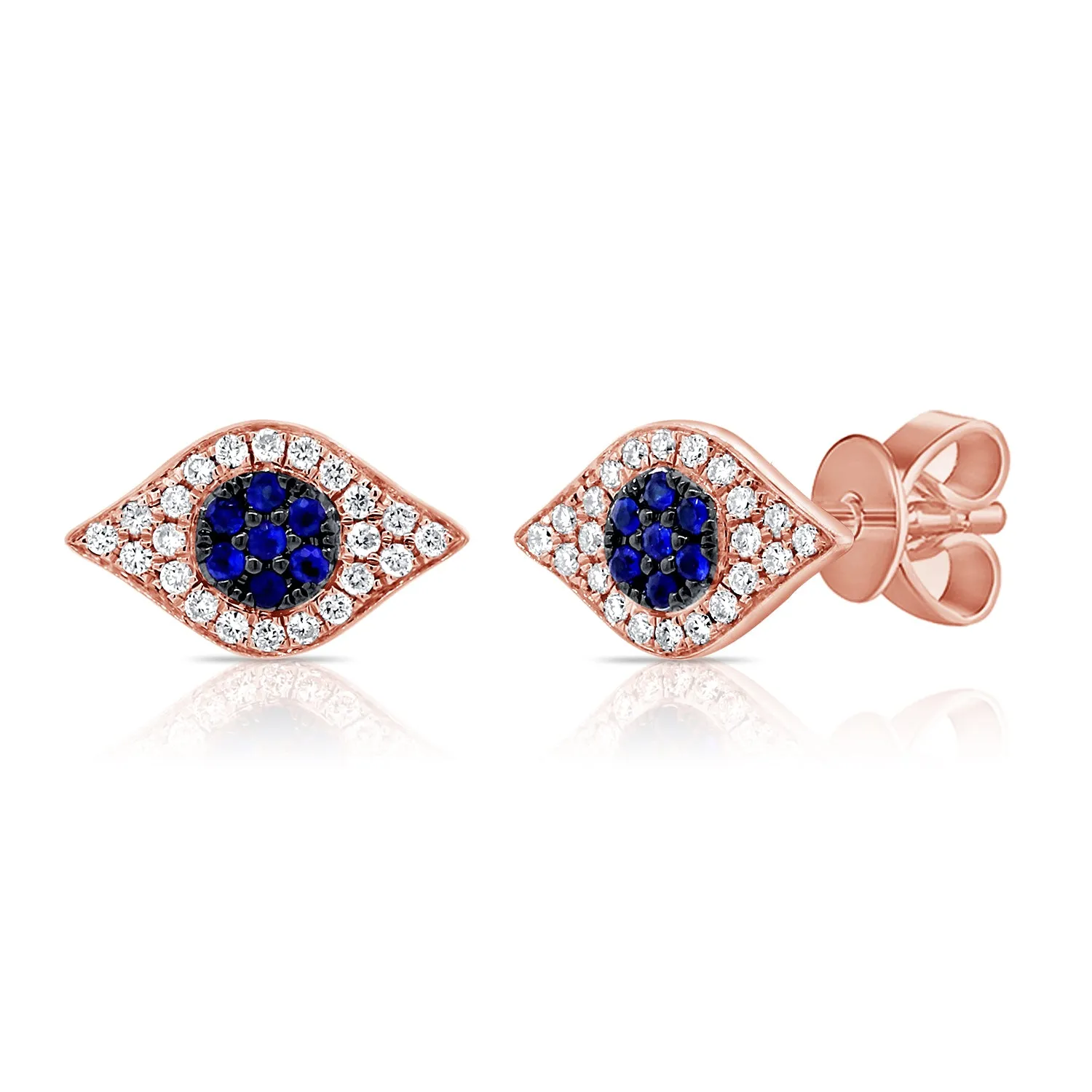 14K Rose Gold Diamond   Blue Sapphire Evil Eye Earrings