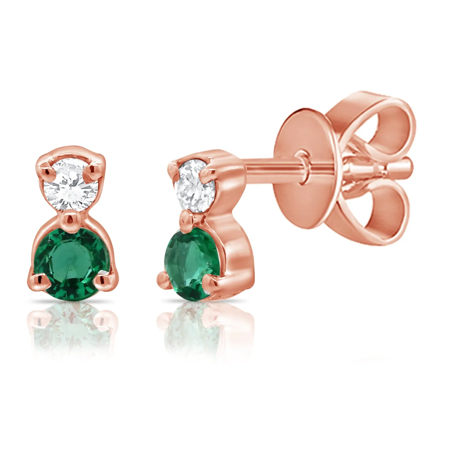 14K Rose Gold Diamond   Emerald Mini Stud Earrings