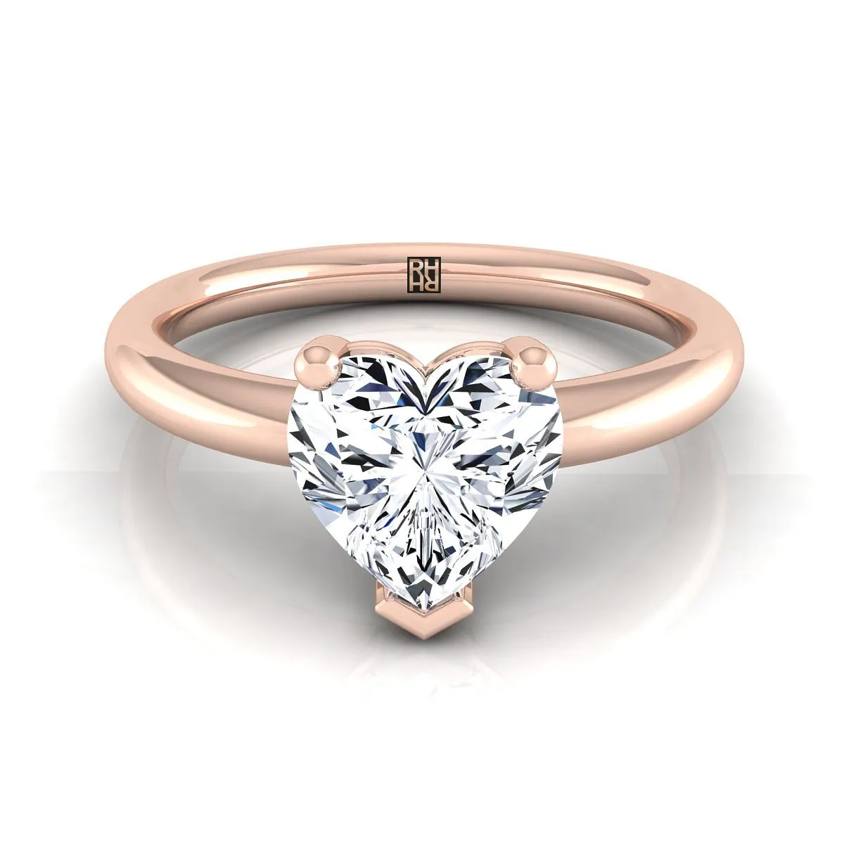 14K Rose Gold Heart Shape Center Rounded Comfort Fit Solitaire Engagement Ring