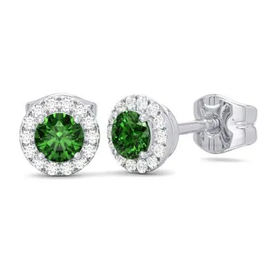 14K W Gold 0.10ctw Diamond 0.30ctw Emerald Round Halo Earrings