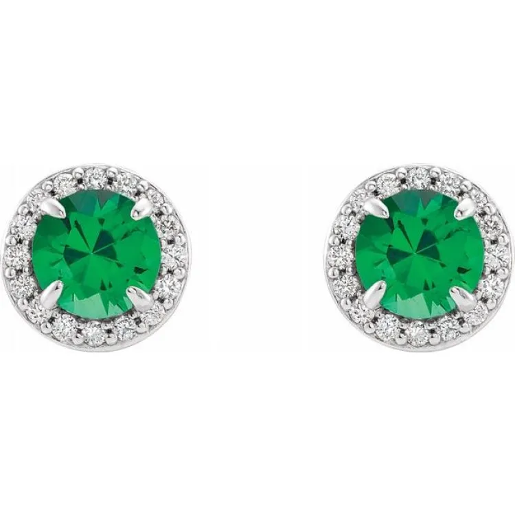 14K White 4.5 mm Lab-Grown Emerald & 1/6 CTW Natural Diamond Earrings