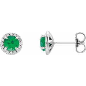 14K White 4.5 mm Lab-Grown Emerald & 1/6 CTW Natural Diamond Earrings