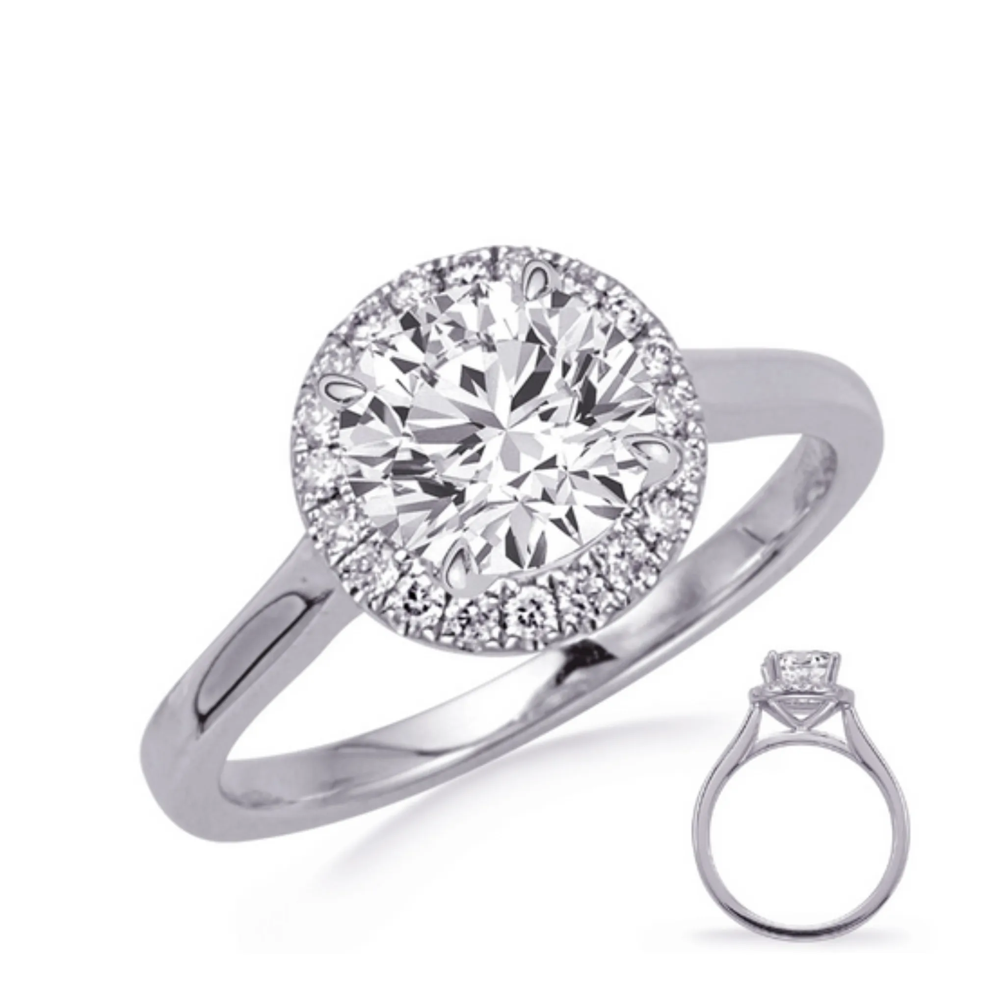 14K White Gold Diamond Halo Cathedral Engagement Ring - Semi-Mount