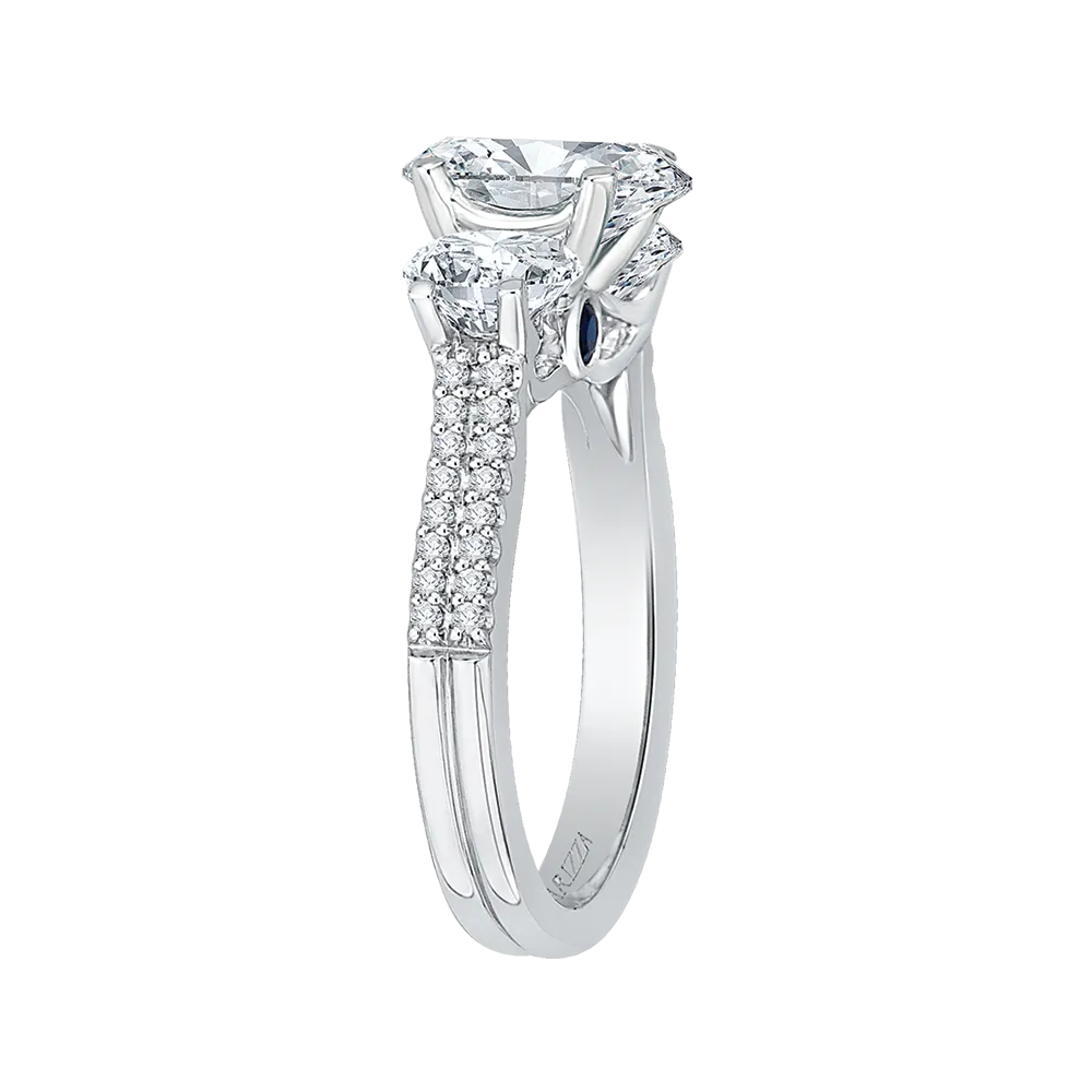 14K White Gold Oval Cut Diamond Three Stone Cathedral Style Engagement Ring (Semi Mount)