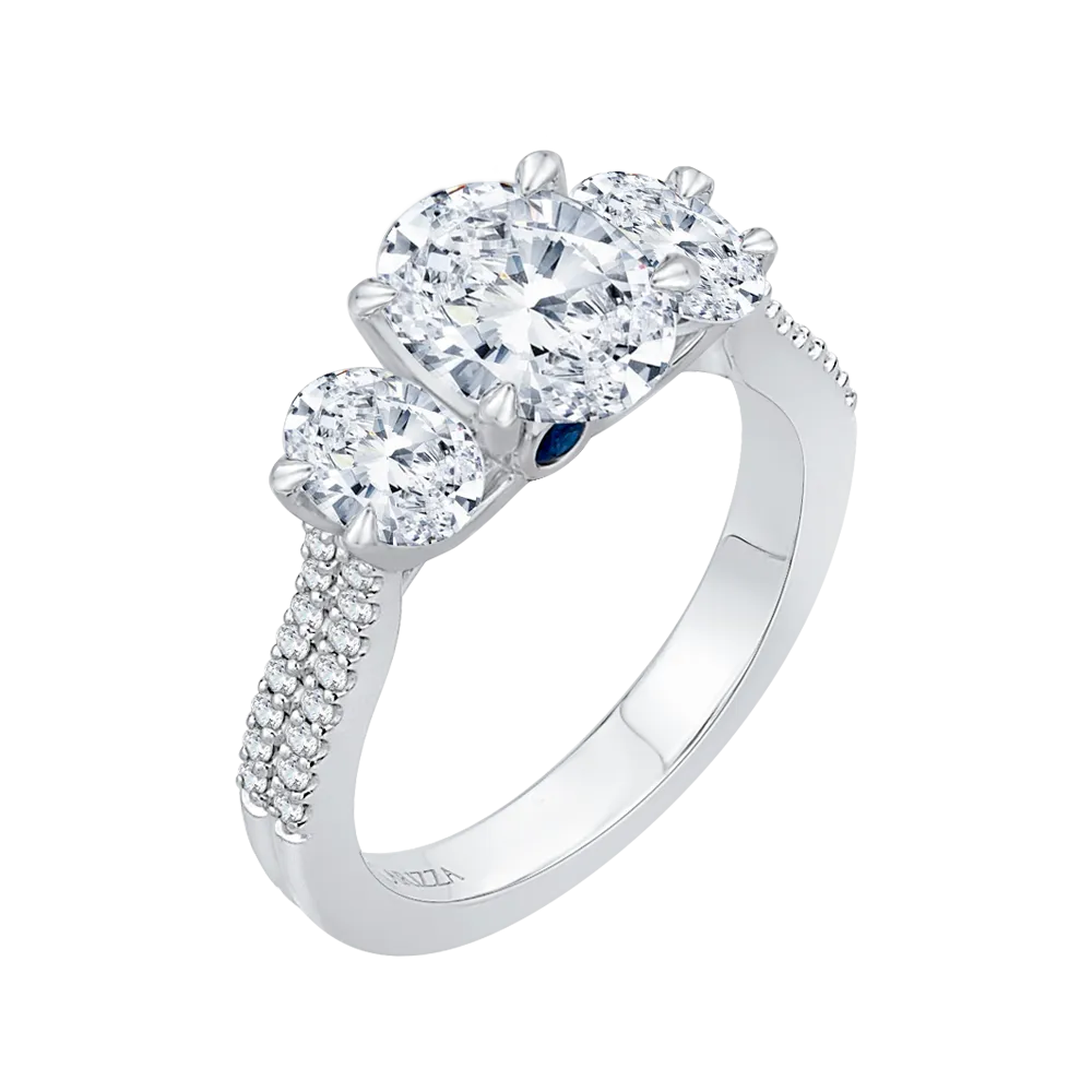 14K White Gold Oval Cut Diamond Three Stone Cathedral Style Engagement Ring (Semi Mount)