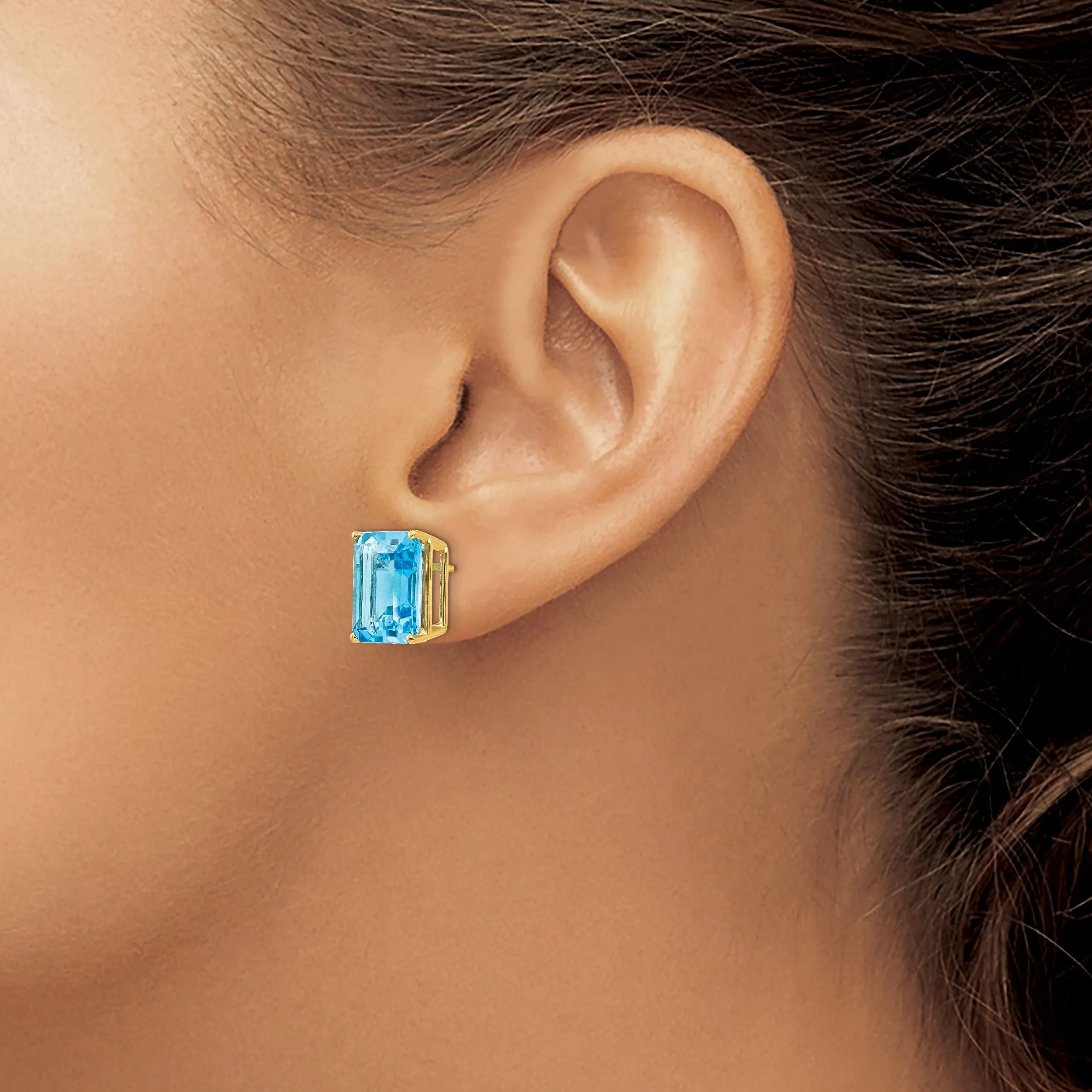 14k Yellow Gold Emerald Cut Blue Topaz Earring