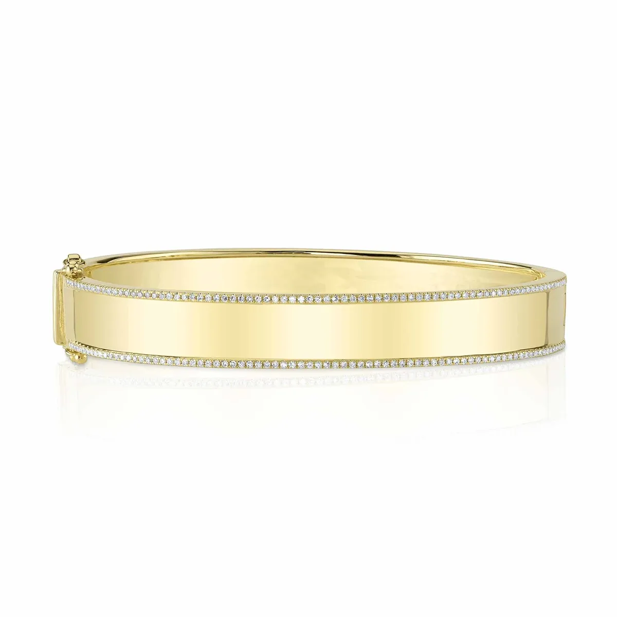 14K Yellow Gold Wide Clasped Bangle Bracelet with Diamond Edges