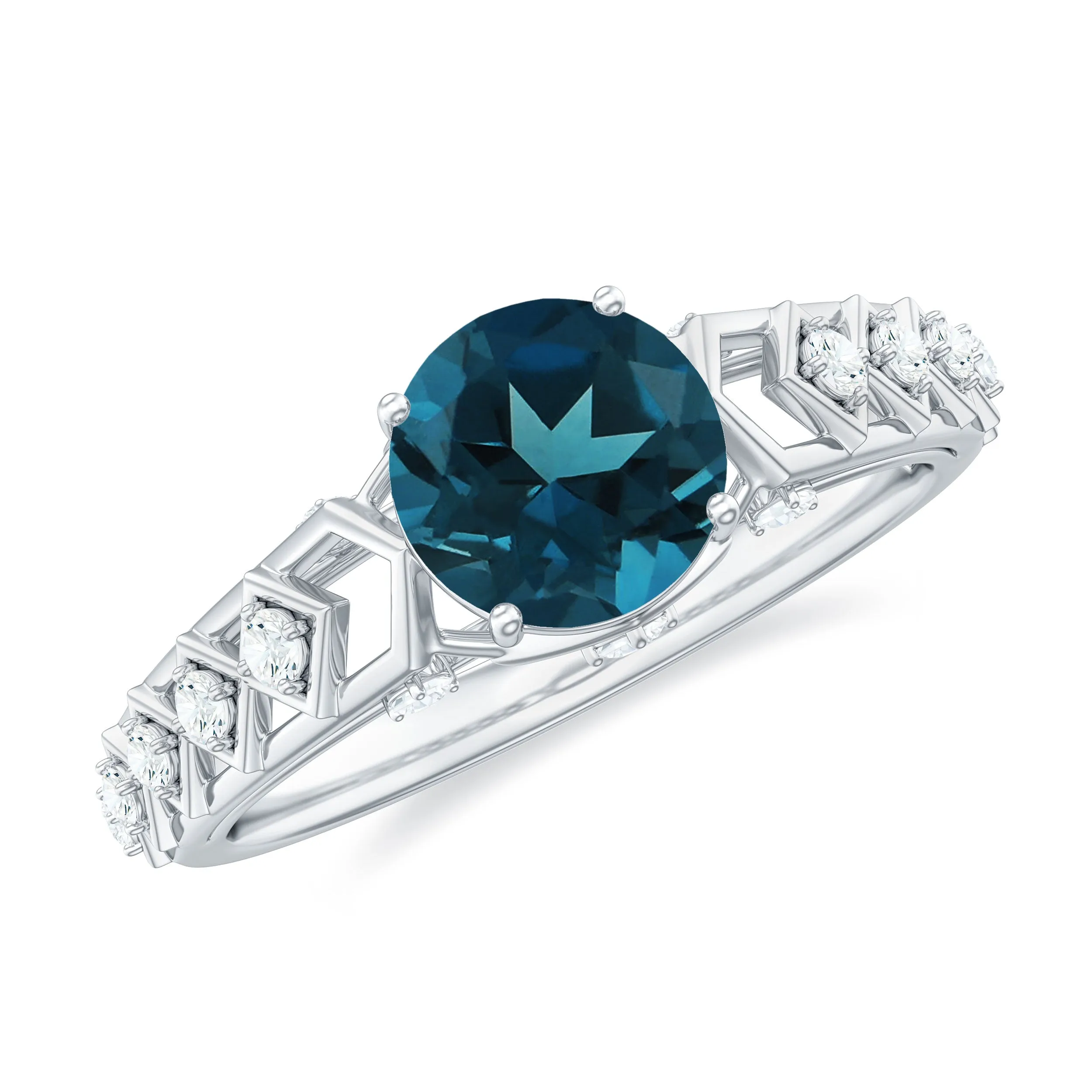 1.75 CT London Blue Topaz Art Deco Solitaire Ring with Moissanite