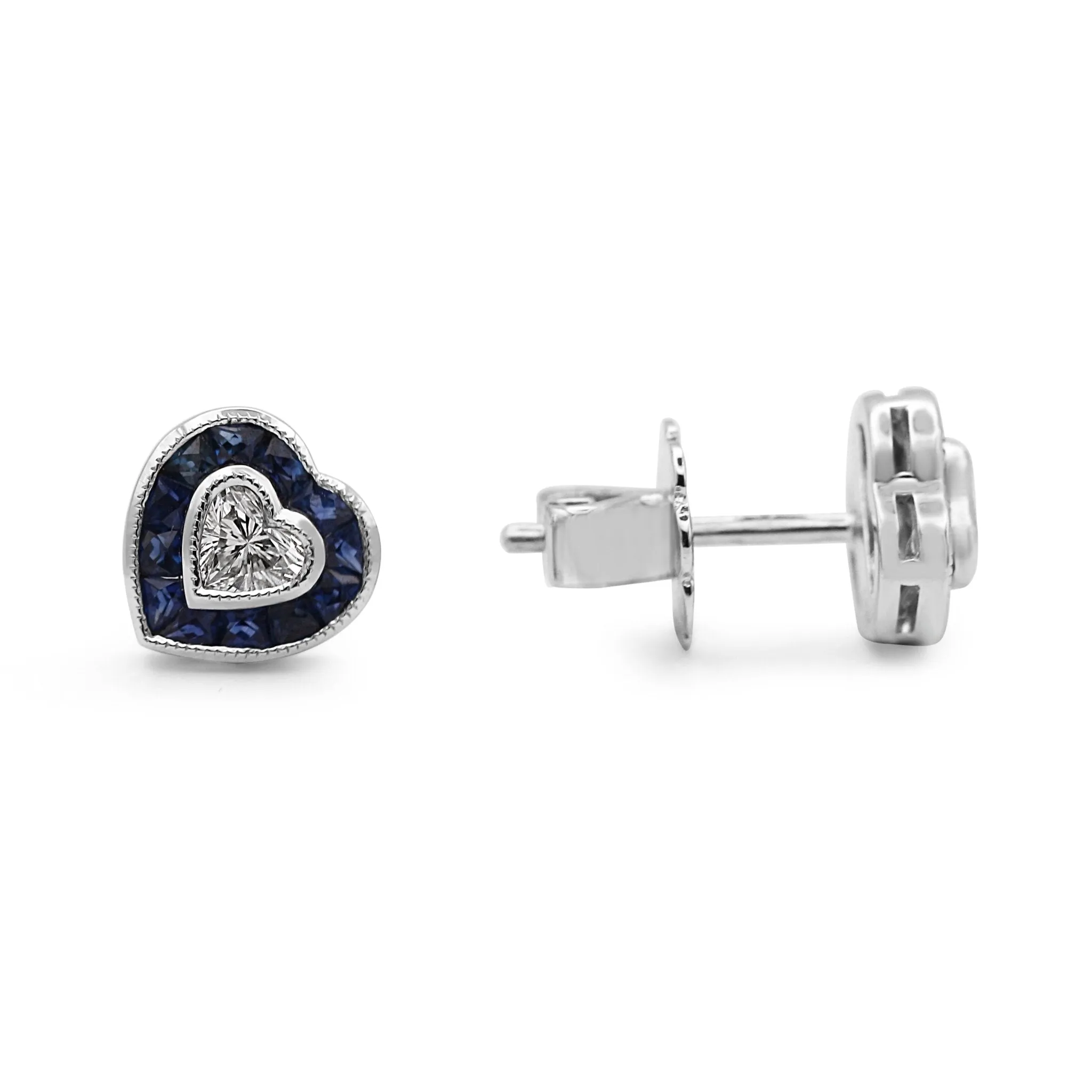 18ct White Gold Diamond & Sapphire Heart Stud Earrings