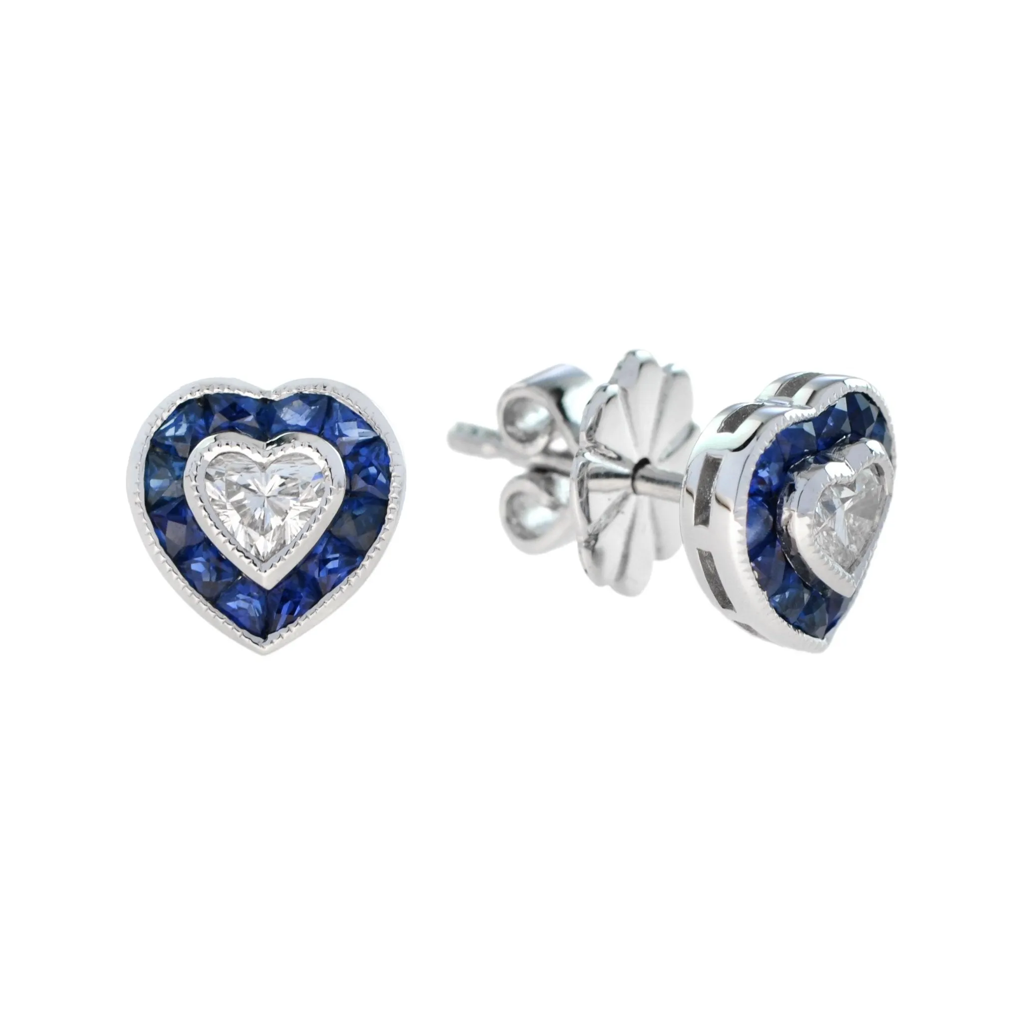 18ct White Gold Diamond & Sapphire Heart Stud Earrings