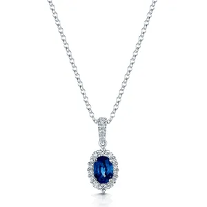 18ct White Gold Oval Sapphire And Diamond Halo Pendant With Diamond Bale