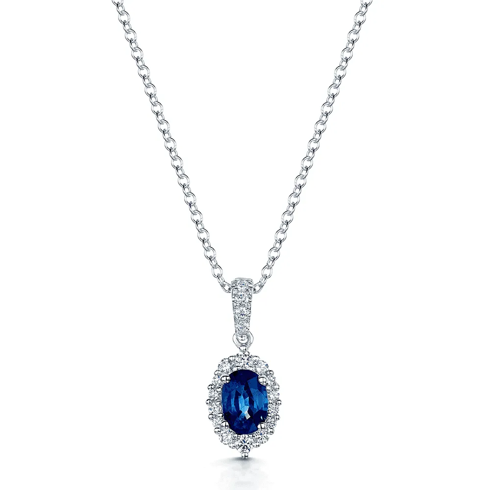 18ct White Gold Oval Sapphire And Diamond Halo Pendant With Diamond Bale