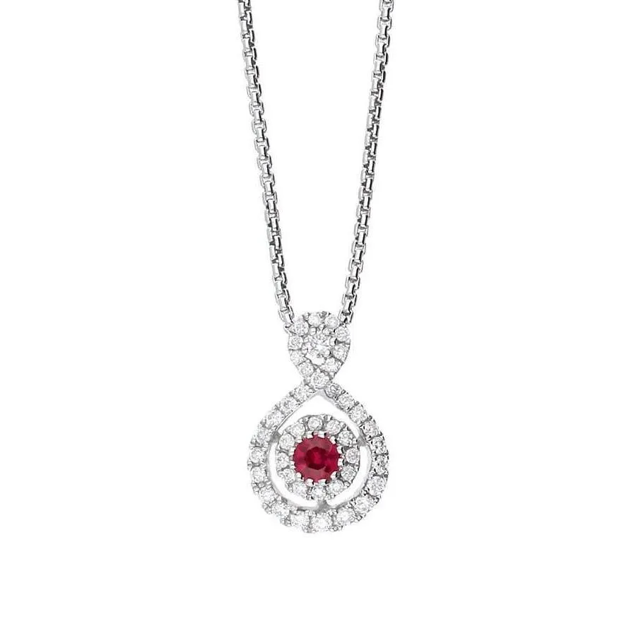 18ct white gold ruby and diamond halo style necklace