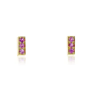 18K YELLOW GOLD PINK SAPPHIRE BAR STUD EARRINGS