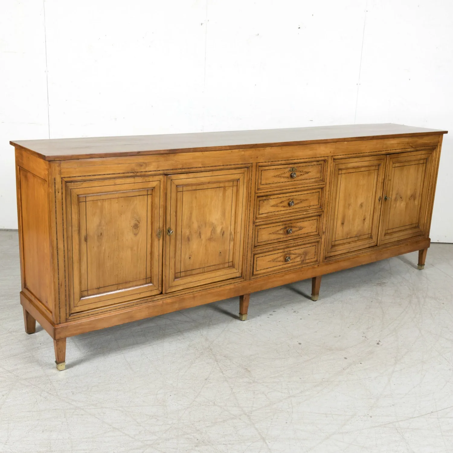 19th Century French Louis XVI Style Cherry Enfilade Buffet with Fruitwood Inlay