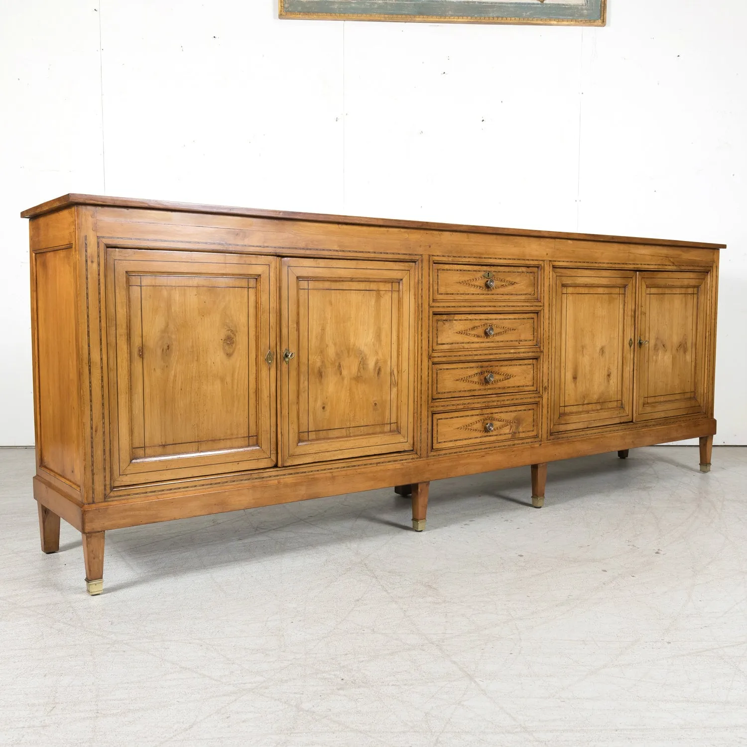 19th Century French Louis XVI Style Cherry Enfilade Buffet with Fruitwood Inlay