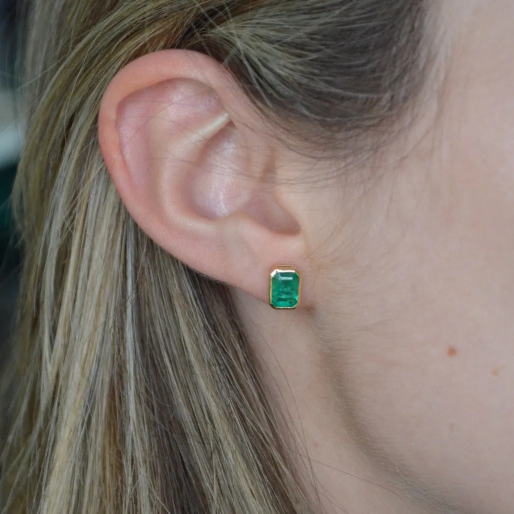 2.10ct Emerald 18K Gold Bezel Stud Earrings