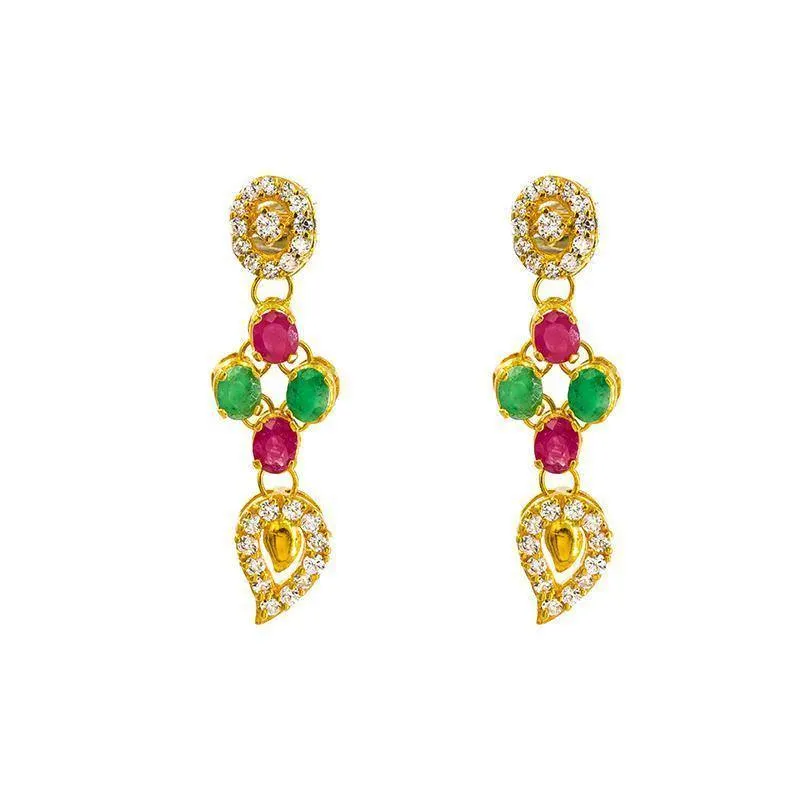 22K Gold Ruby Emerald CZ Necklace and Earrings Set