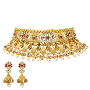 22K Yellow Gold Antique Choker Necklace Set w/ Kundan, Ruby, Pearls & Uncut Diamonds (98.9gm)