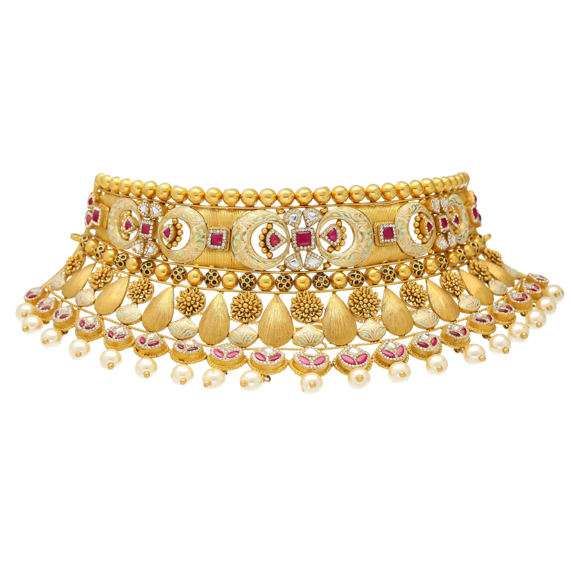 22K Yellow Gold Antique Choker Necklace Set w/ Kundan, Ruby, Pearls & Uncut Diamonds (98.9gm)