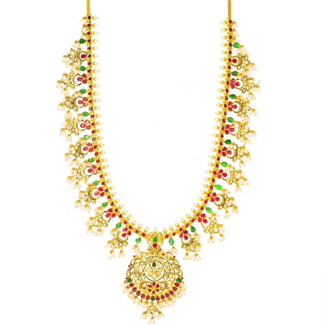 22K Yellow Gold Antique Guttapusalu Necklace and Earrings Set W/ Emeralds, Pearls, CZ, Rubies & Round Pendant