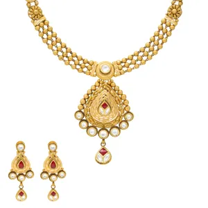 22K Yellow Gold Antique Necklace Set w/ Kundan & Ruby (48gm)