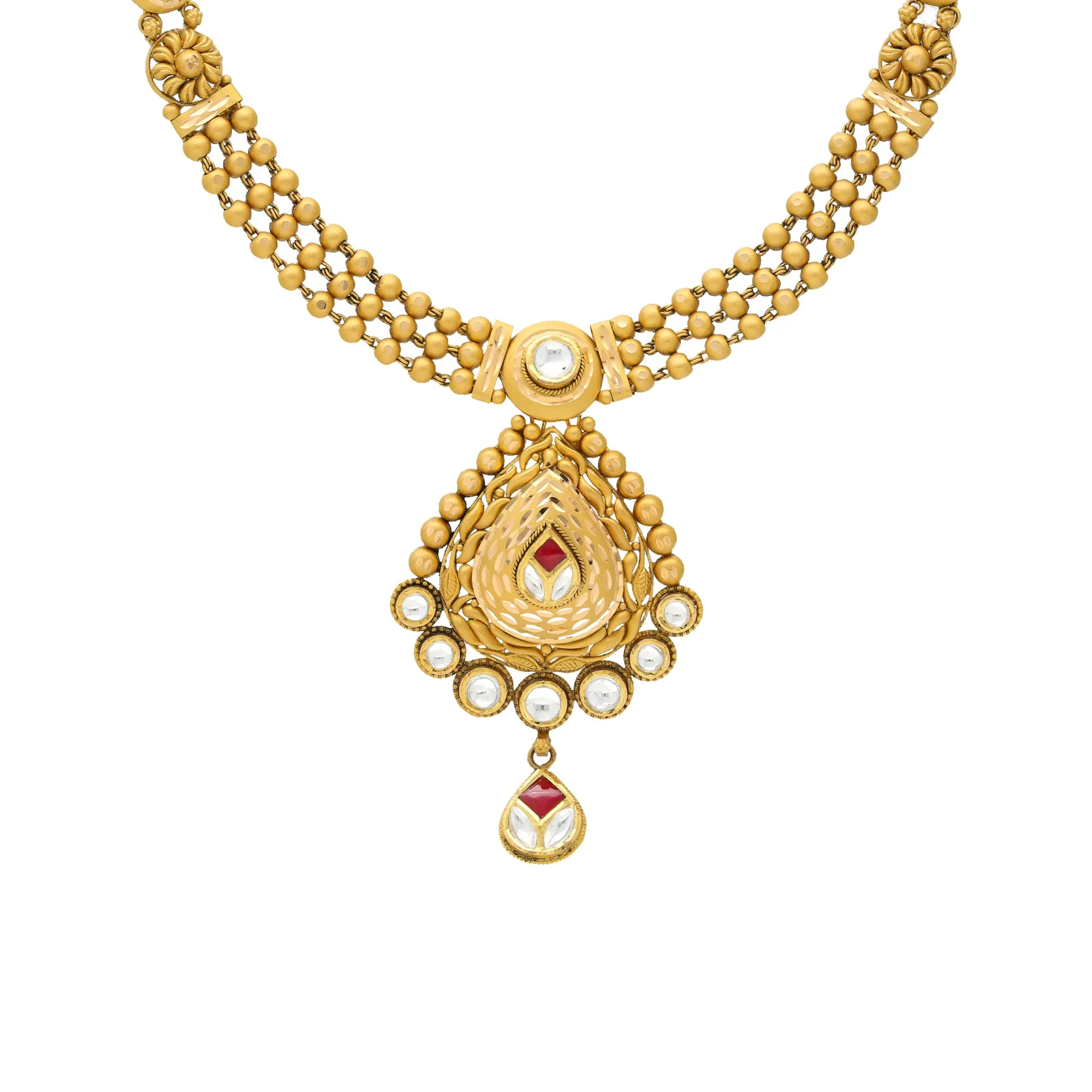 22K Yellow Gold Antique Necklace Set w/ Kundan & Ruby (48gm)