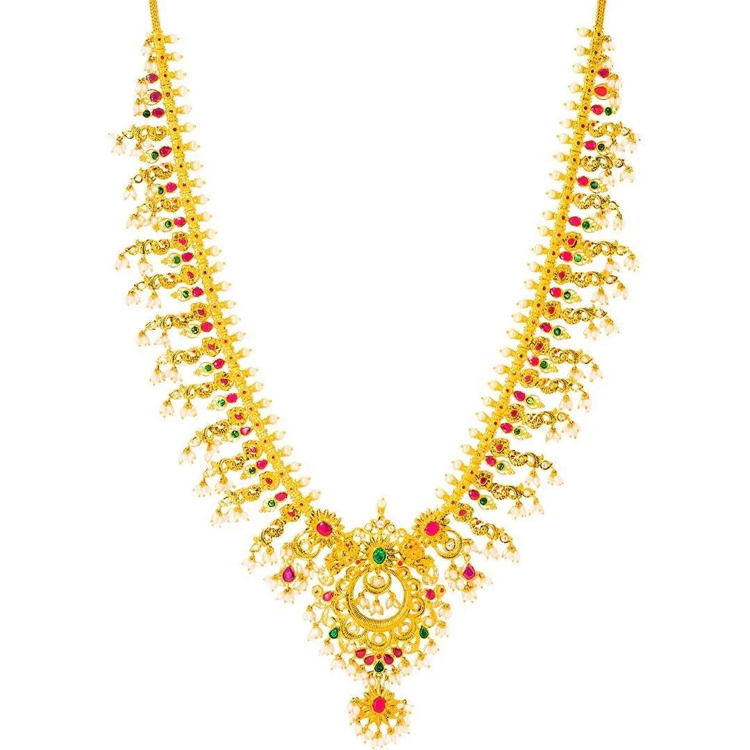 22K Yellow Gold Guttapusalu Necklace and Earrings Set W/ Emeralds, Pearls, CZ, Rubies & Peacock Accents