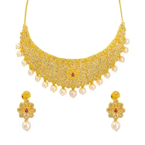 22K Yellow Gold Uncut Diamond Necklace & Earrings Set W/ Rubies, Pearls & Clustered Flowers on Choker Necklace