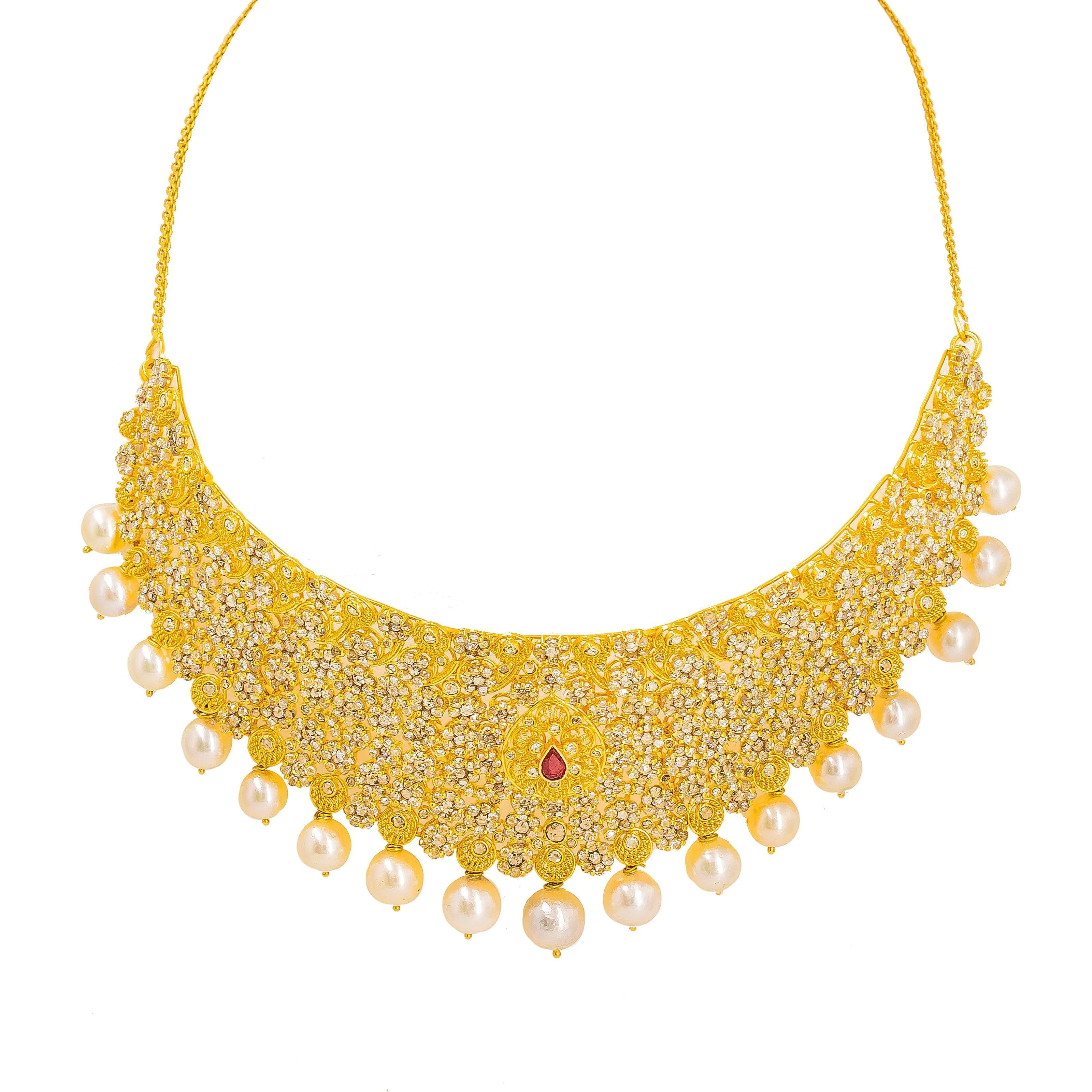 22K Yellow Gold Uncut Diamond Necklace & Earrings Set W/ Rubies, Pearls & Clustered Flowers on Choker Necklace