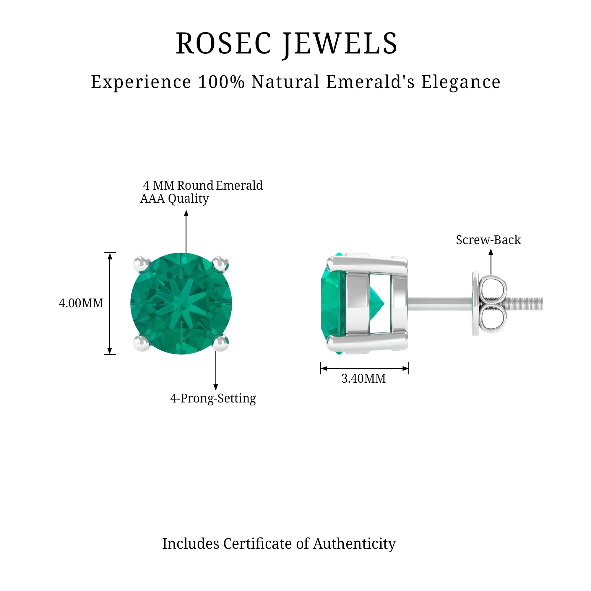 4 MM Round Cut Emerald Solitaire Stud Earrings in 4 Prong Setting