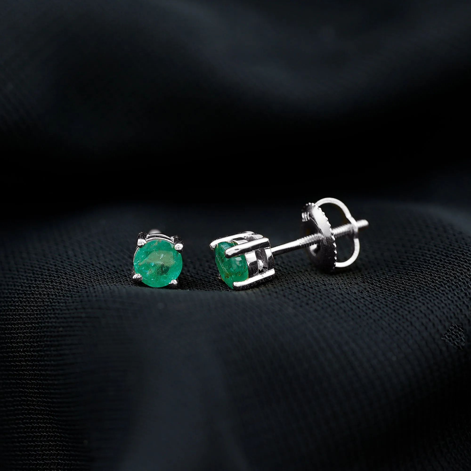 4 MM Round Cut Emerald Solitaire Stud Earrings in 4 Prong Setting