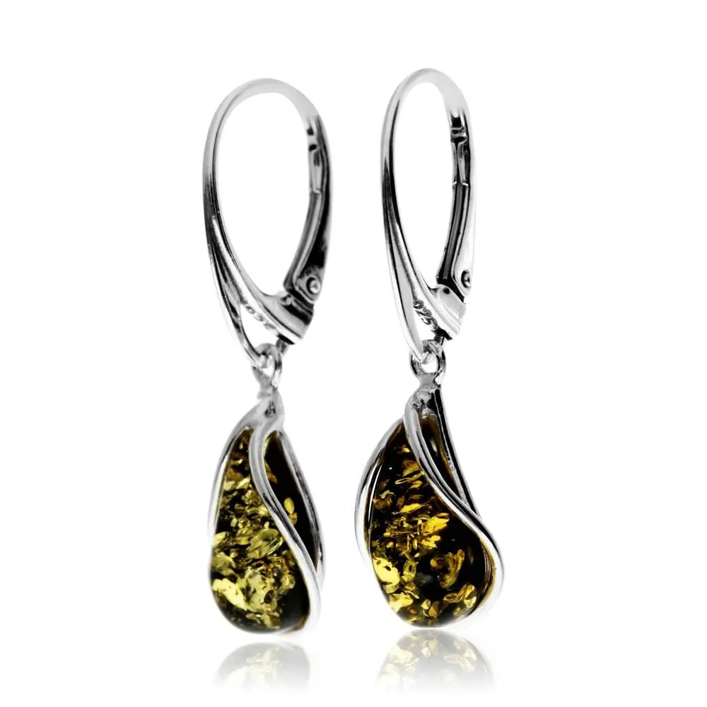 925 Sterling Silver & Baltic Amber Modern Teardrop Drop / Dangle Earrings - G029