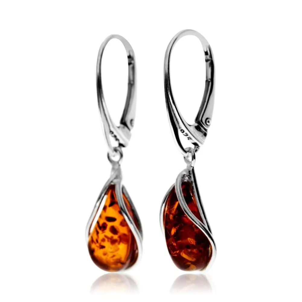 925 Sterling Silver & Baltic Amber Modern Teardrop Drop / Dangle Earrings - G029