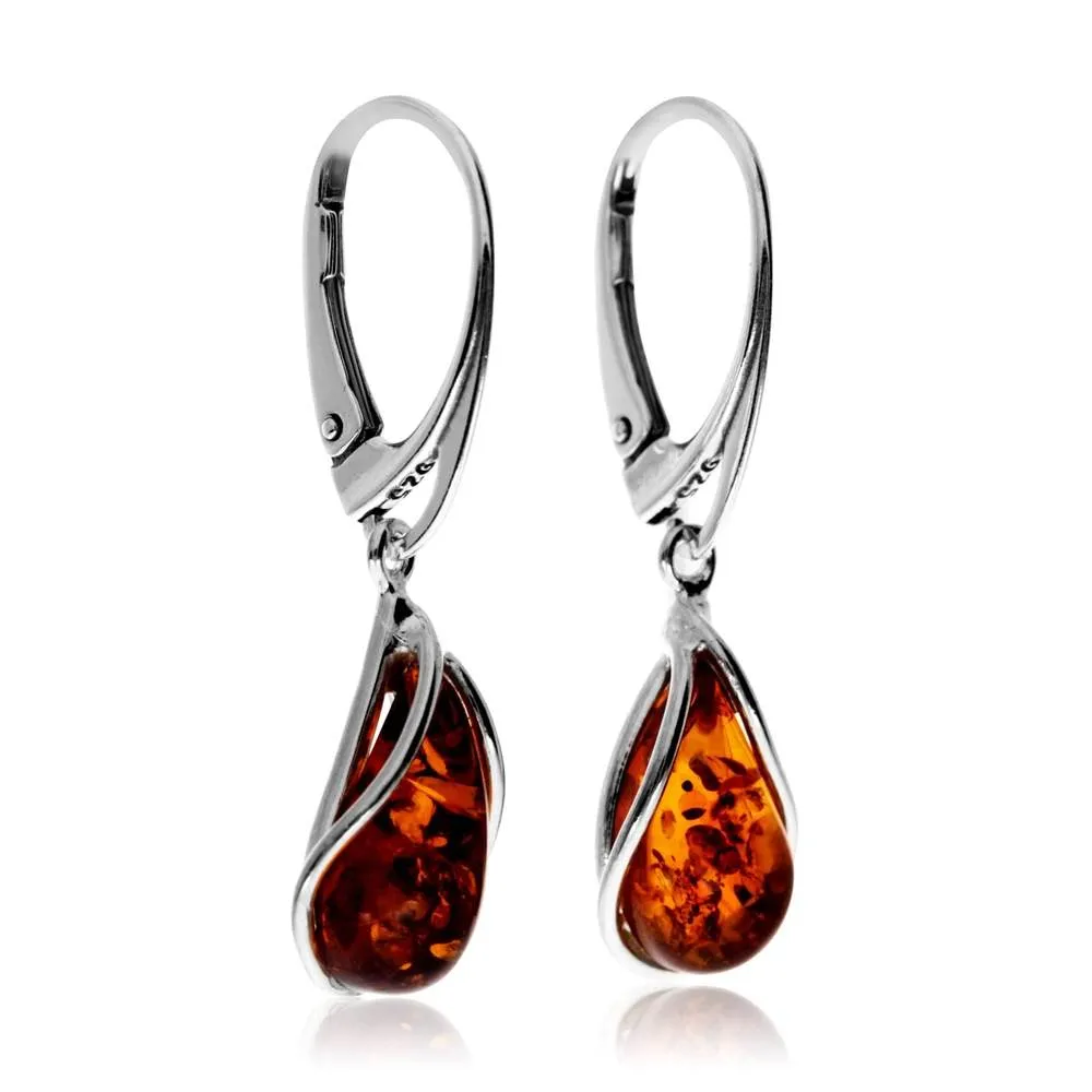 925 Sterling Silver & Baltic Amber Modern Teardrop Drop / Dangle Earrings - G029