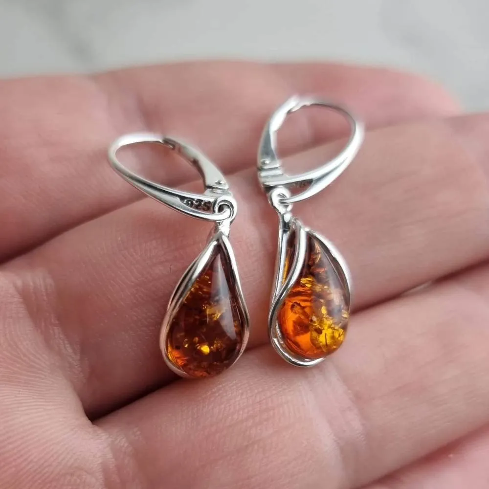 925 Sterling Silver & Baltic Amber Modern Teardrop Drop / Dangle Earrings - G029