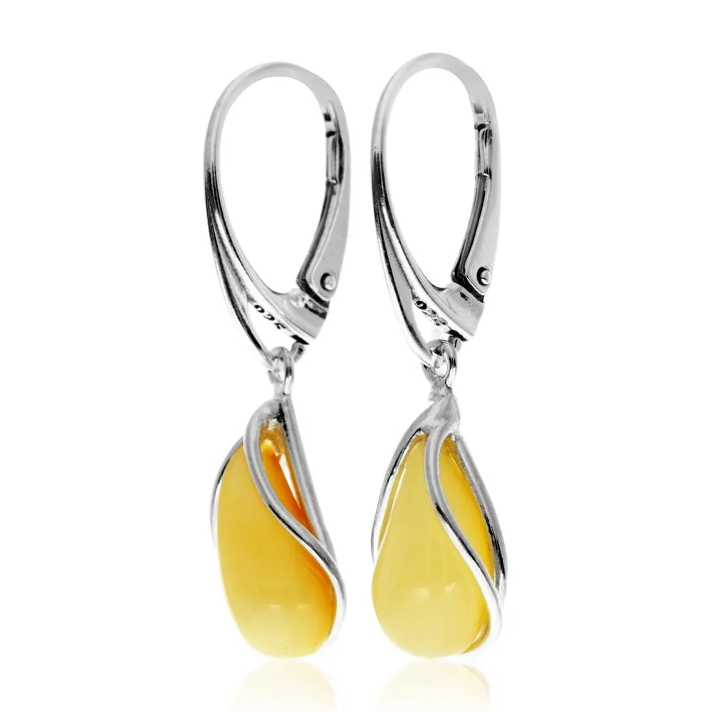 925 Sterling Silver & Baltic Amber Modern Teardrop Drop / Dangle Earrings - G029