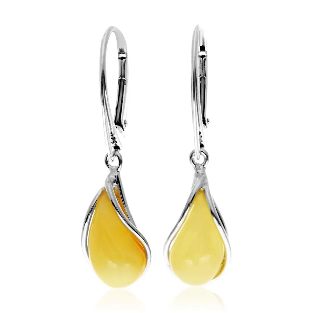 925 Sterling Silver & Baltic Amber Modern Teardrop Drop / Dangle Earrings - G029