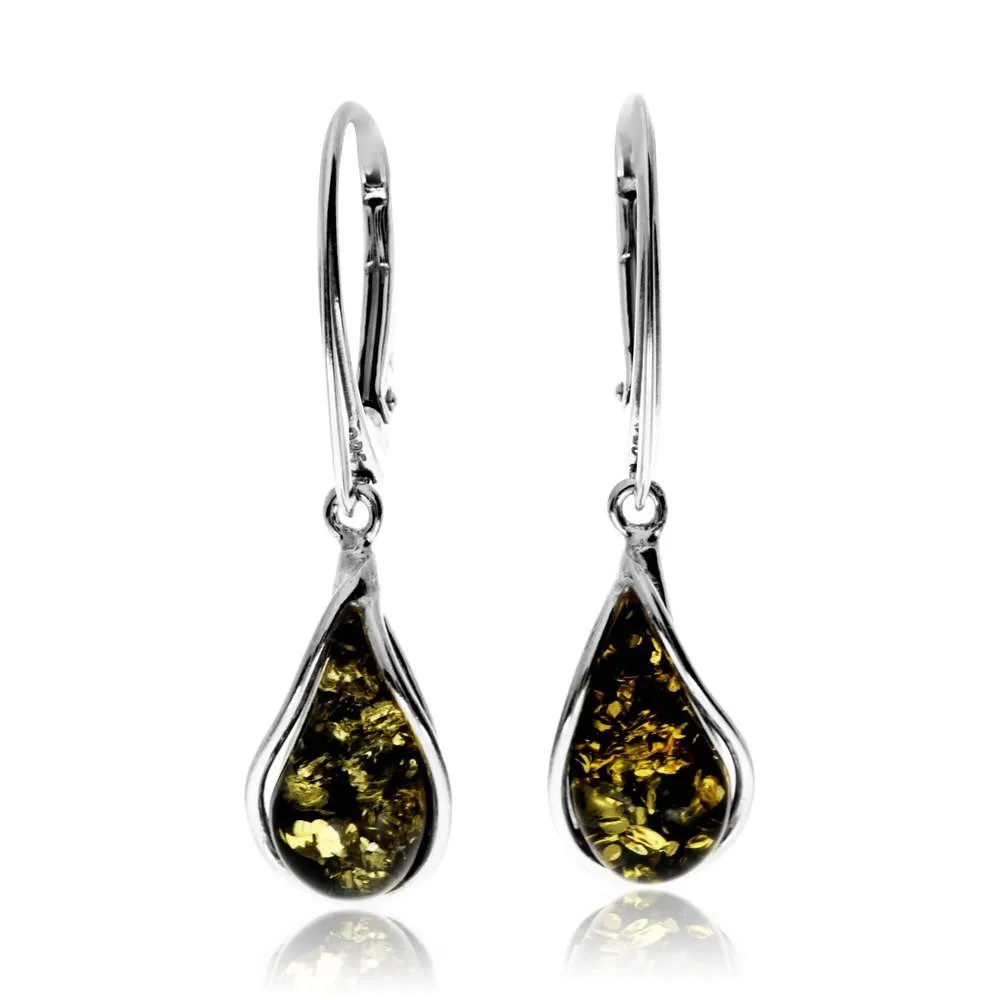 925 Sterling Silver & Baltic Amber Modern Teardrop Drop / Dangle Earrings - G029