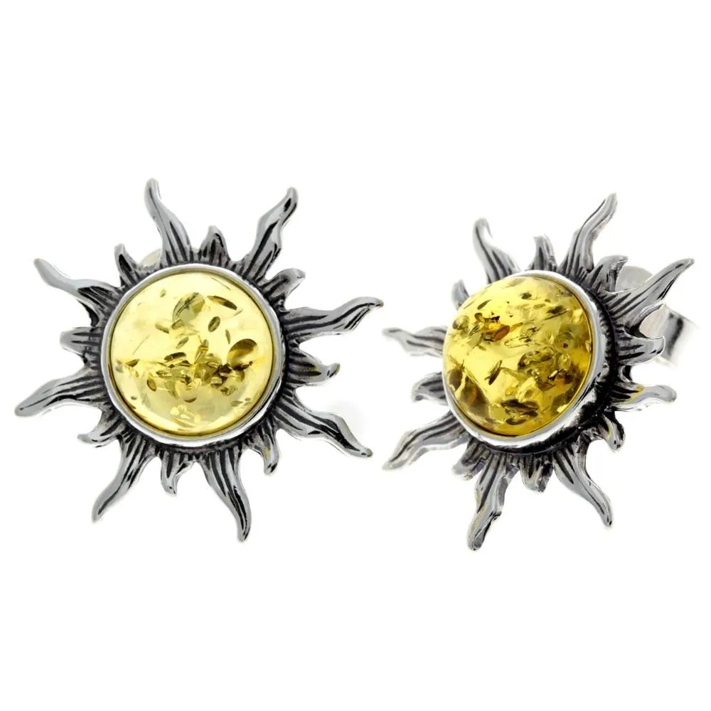 925 Sterling Silver & Baltic Amber Sun Stud Earrings 8222